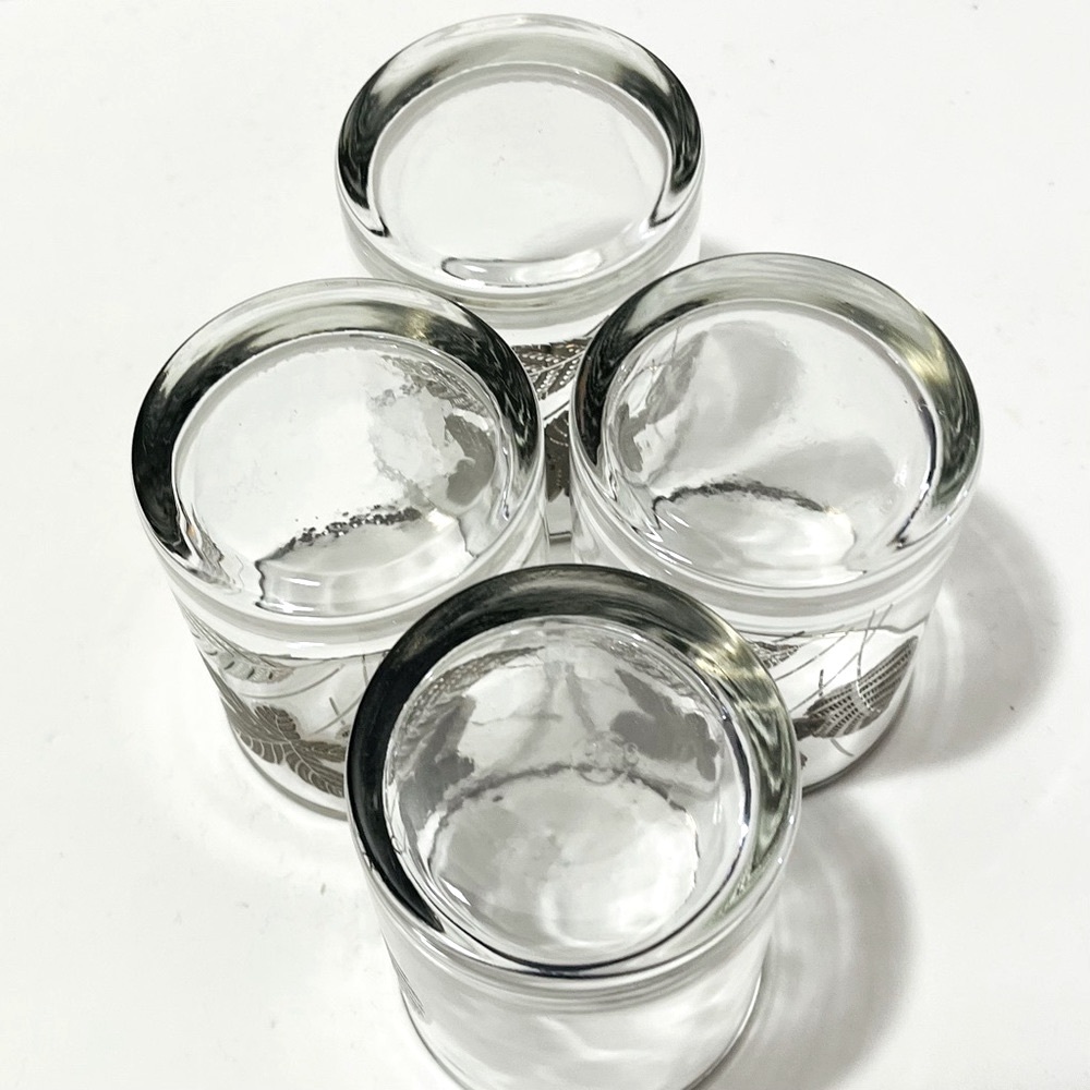 Libby MCM VTG Barware Rocks Glasses Set of 4 Tumblers Embossed Silver Leaves Rim - Picture 12 of 16